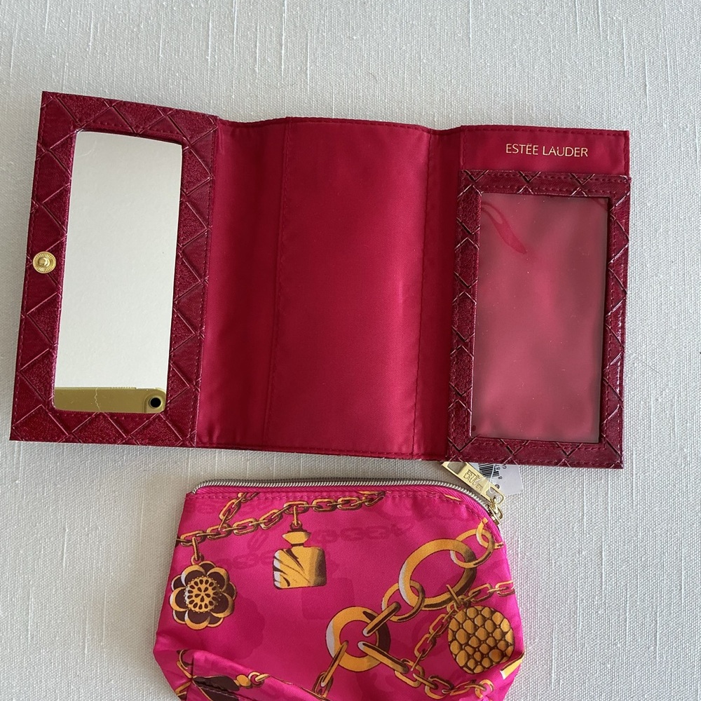 Estee Lauder Pink Zip Pouch and Red woven Mirror - Picture 2 of 4